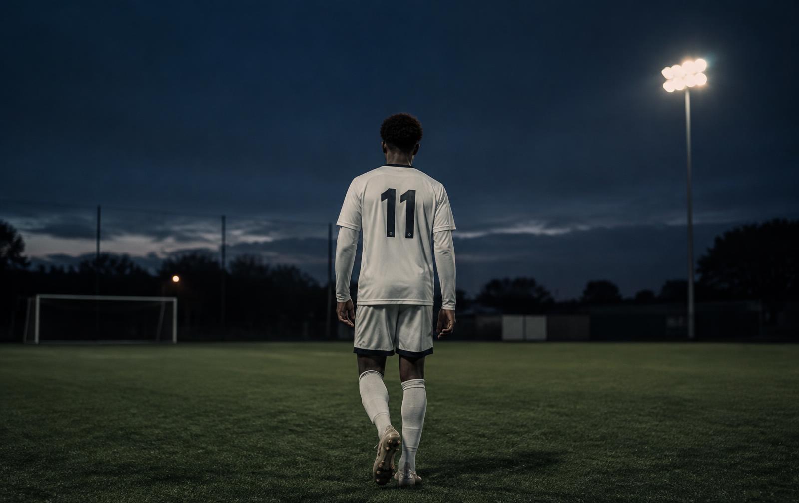 Young footballer walking onto a floodlit pitch
